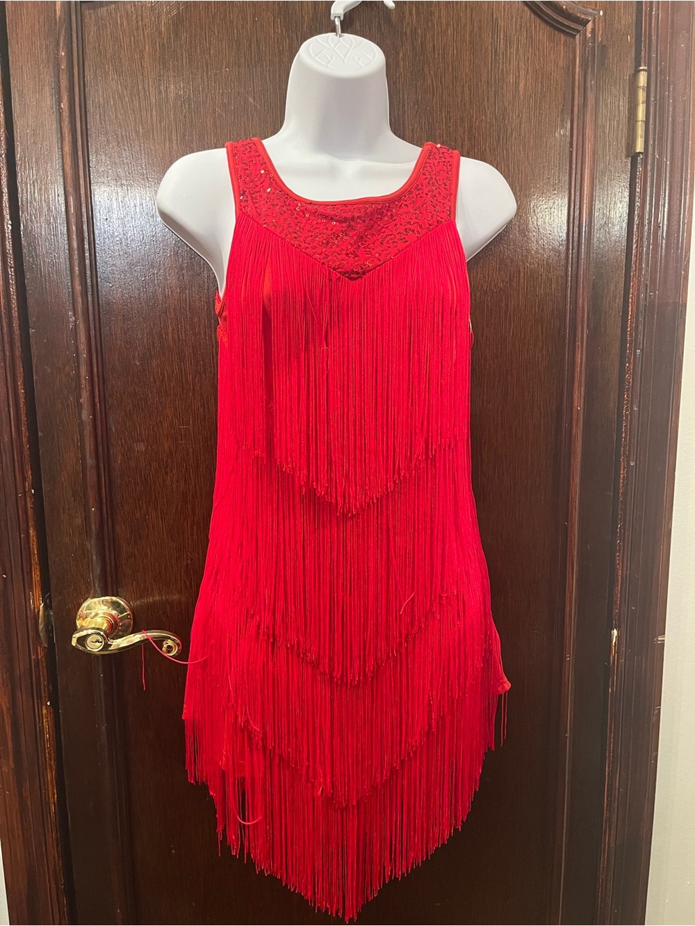 Weissman Red Strapless Fringe Evening Dress